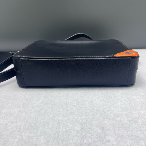 Prada Shoulder Bag Saffiano Calfskin Black Orange