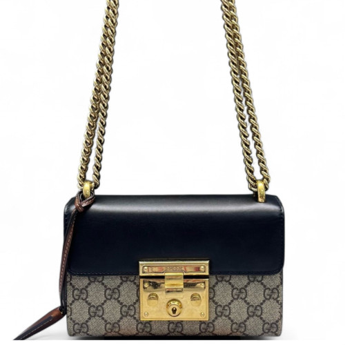 Gucci Small Padlock Shoulder Bag GG Supreme Monogram Cuir Black Beige