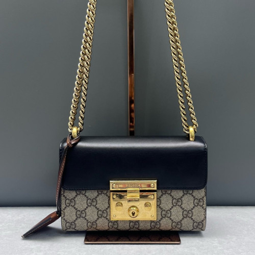 Gucci Small Padlock Shoulder Bag GG Supreme Monogram Cuir Black Beige