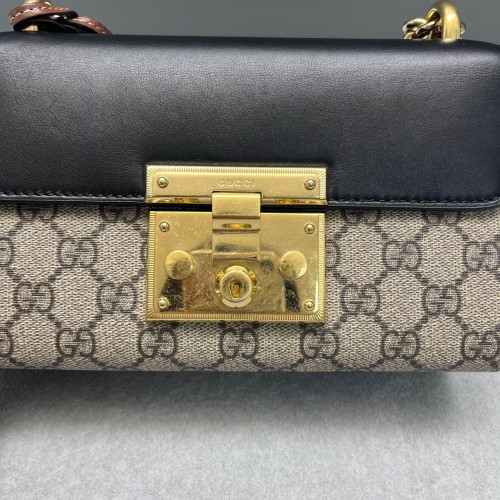 Gucci Small Padlock Shoulder Bag GG Supreme Monogram Cuir Black Beige