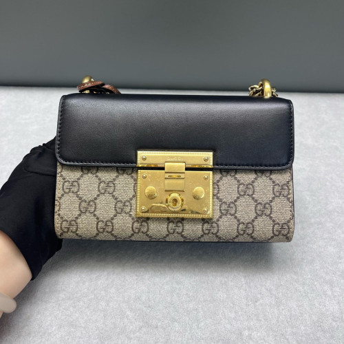 Gucci Small Padlock Shoulder Bag GG Supreme Monogram Cuir Black Beige