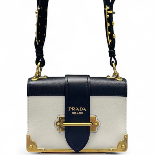 Prada Small Pionniere Shoulder Bag Calfskin Black White