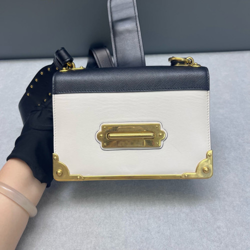 Prada Small Pionniere Shoulder Bag Calfskin Black White