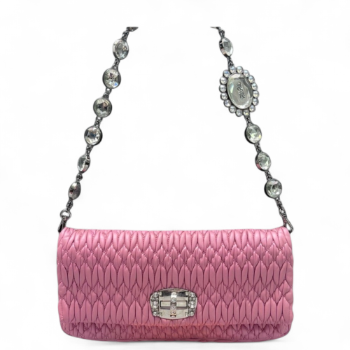 Miu Miu Crystal Matelasse Crystal Flap Clutch Crumpled Lambskin Pink