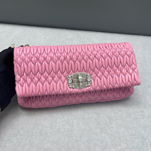 Miu Miu Crystal Matelasse Crystal Flap Clutch Crumpled Lambskin Pink