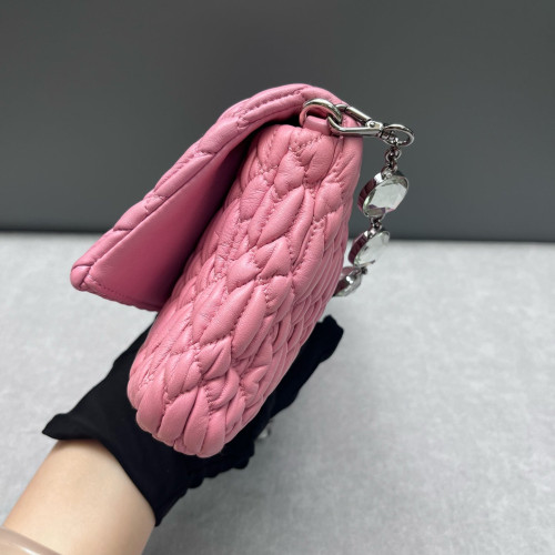 Miu Miu Crystal Matelasse Crystal Flap Clutch Crumpled Lambskin Pink