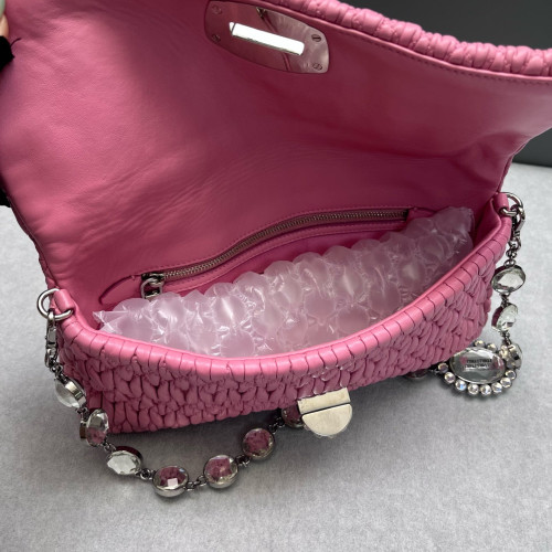 Miu Miu Crystal Matelasse Crystal Flap Clutch Crumpled Lambskin Pink