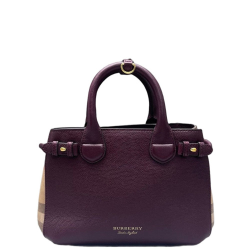 Burberry Small Banner Tote Calfskin House Check Burgundy Khaki Black