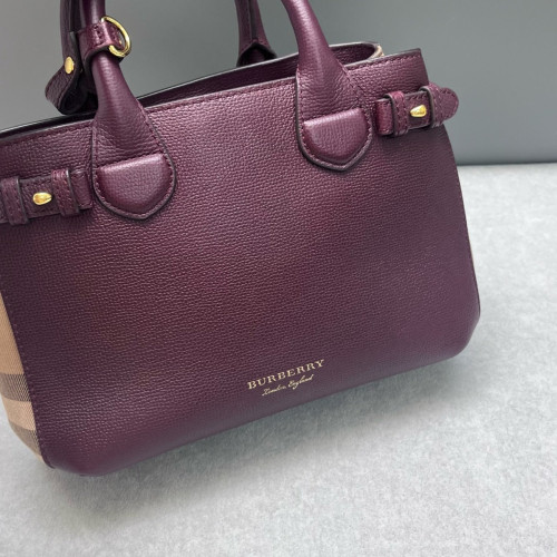 Burberry Small Banner Tote Calfskin House Check Burgundy Khaki Black