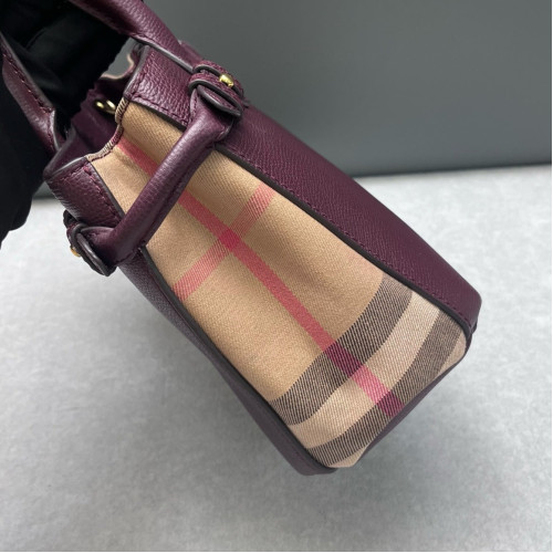 Burberry Small Banner Tote Calfskin House Check Burgundy Khaki Black