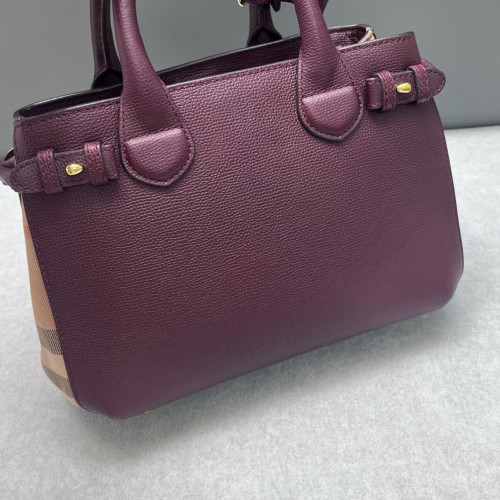 Burberry Small Banner Tote Calfskin House Check Burgundy Khaki Black