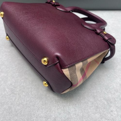 Burberry Small Banner Tote Calfskin House Check Burgundy Khaki Black