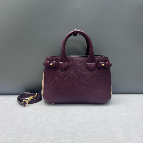 Burberry Small Banner Tote Calfskin House Check Burgundy Khaki Black