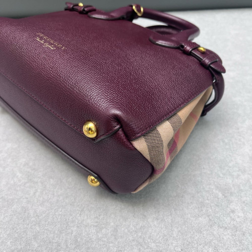 Burberry Small Banner Tote Calfskin House Check Burgundy Khaki Black