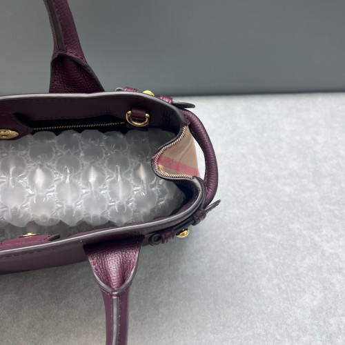 Burberry Small Banner Tote Calfskin House Check Burgundy Khaki Black