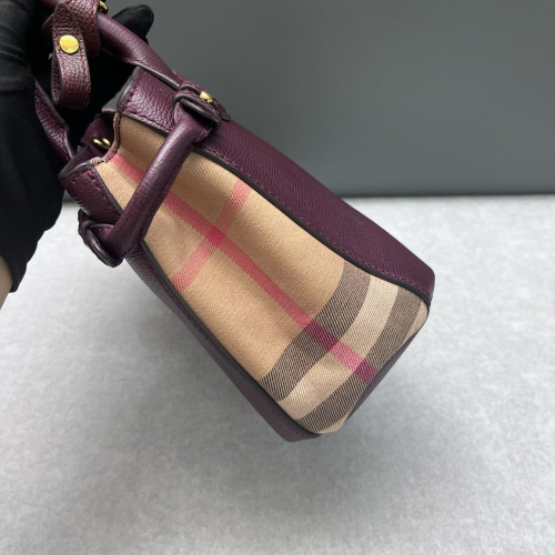 Burberry Small Banner Tote Calfskin House Check Burgundy Khaki Black