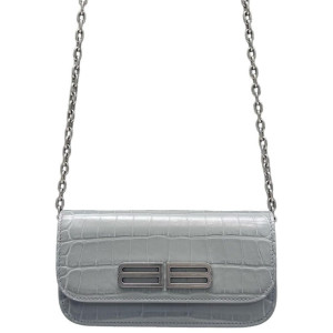 Balenciaga Gossip Wallet On Chain Calfskin Crocodile Embossed Grey
