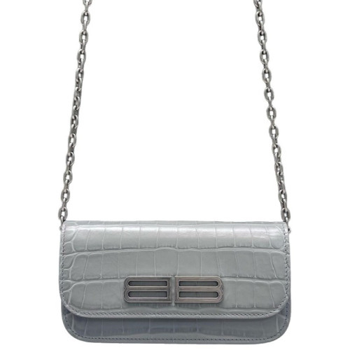 Balenciaga Gossip Wallet On Chain Calfskin Crocodile Embossed Grey