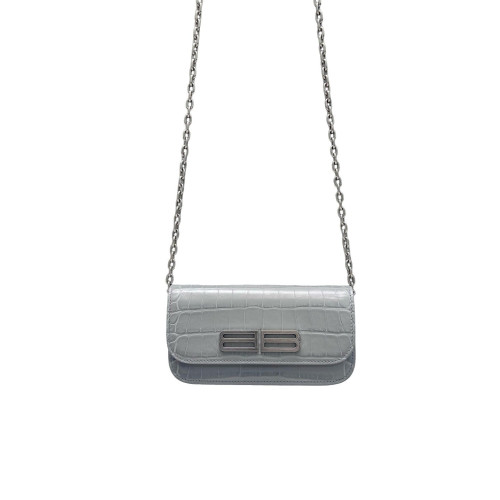 Balenciaga Gossip Wallet On Chain Calfskin Crocodile Embossed Grey