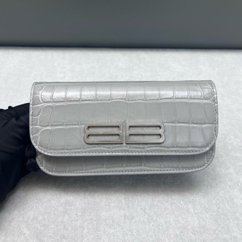 Balenciaga Gossip Wallet On Chain Calfskin Crocodile Embossed Grey