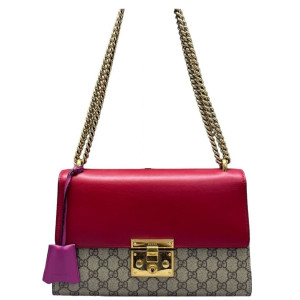 Gucci Medium Padlock Shoulder Bag GG Supreme Monogram Red Beige Purple