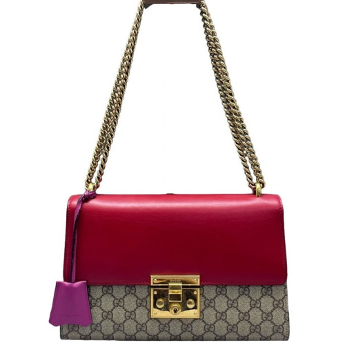 Gucci Medium Padlock Shoulder Bag GG Supreme Monogram Red Beige Purple