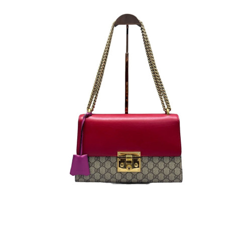 Gucci Medium Padlock Shoulder Bag GG Supreme Monogram Red Beige Purple