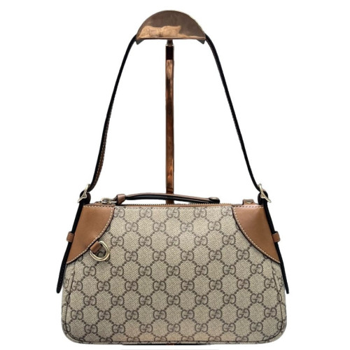 Gucci Small GG Emblem Shoulder Bag GG Supreme Monogram Calfskin Beige Brown