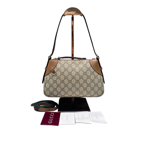 Gucci Small GG Emblem Shoulder Bag GG Supreme Monogram Calfskin Beige Brown