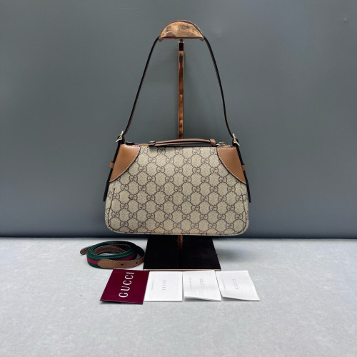 Gucci Small GG Emblem Shoulder Bag GG Supreme Monogram Calfskin Beige Brown