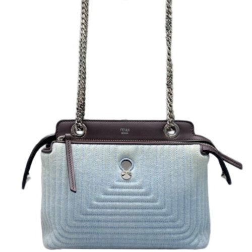 Fendi Small Dotcom Click Chain Satchal Calfskin Canvas Brown Blue