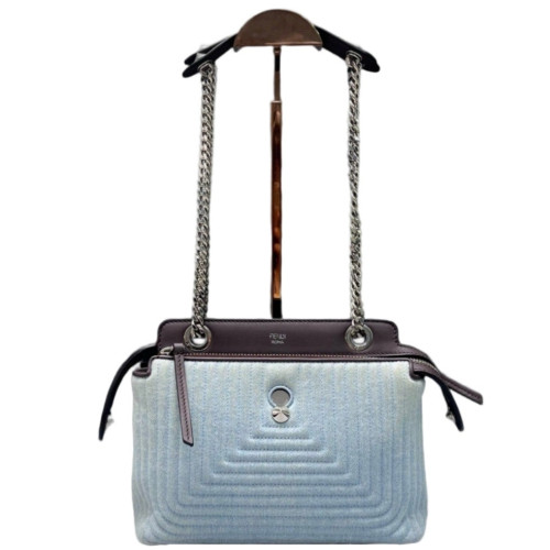 Fendi Small Dotcom Click Chain Satchal Calfskin Canvas Brown Blue