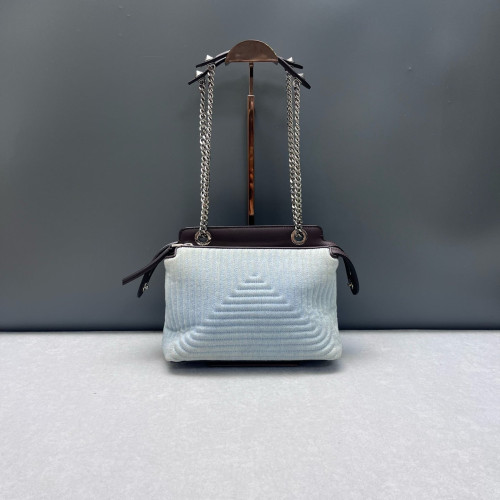 Fendi Small Dotcom Click Chain Satchal Calfskin Canvas Brown Blue
