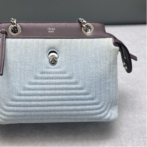 Fendi Small Dotcom Click Chain Satchal Calfskin Canvas Brown Blue