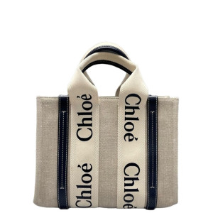Chloe Small Woody Ribbon Tote Canvas Calfskin Beige Navy Chloe Small Woody Ribbon Tote Canvas Calfskin Beige Navy