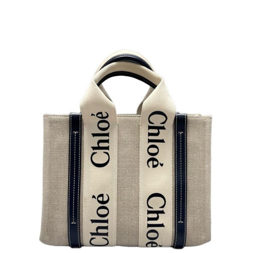 Chloe Small Woody Ribbon Tote Canvas Calfskin Beige Navy