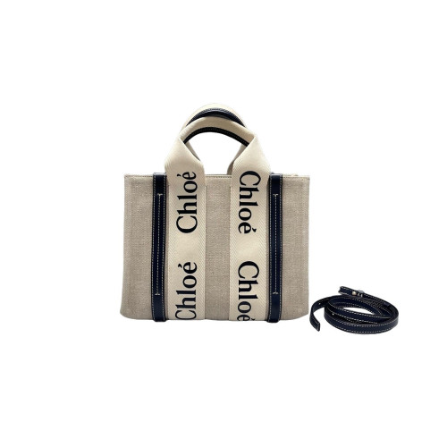 Chloe Small Woody Ribbon Tote Canvas Calfskin Beige Navy