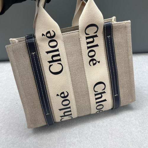 Chloe Small Woody Ribbon Tote Canvas Calfskin Beige Navy