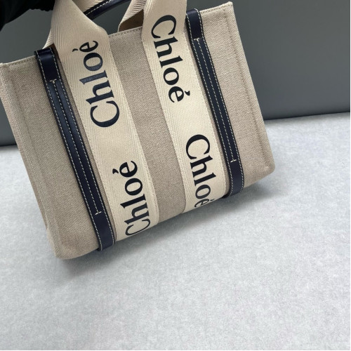 Chloe Small Woody Ribbon Tote Canvas Calfskin Beige Navy