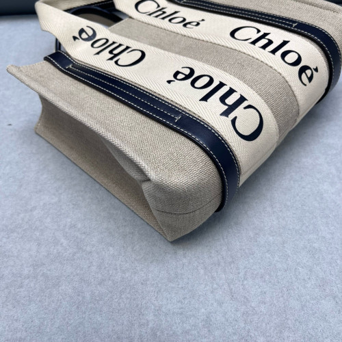 Chloe Small Woody Ribbon Tote Canvas Calfskin Beige Navy