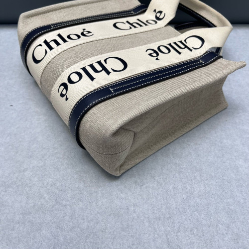 Chloe Small Woody Ribbon Tote Canvas Calfskin Beige Navy