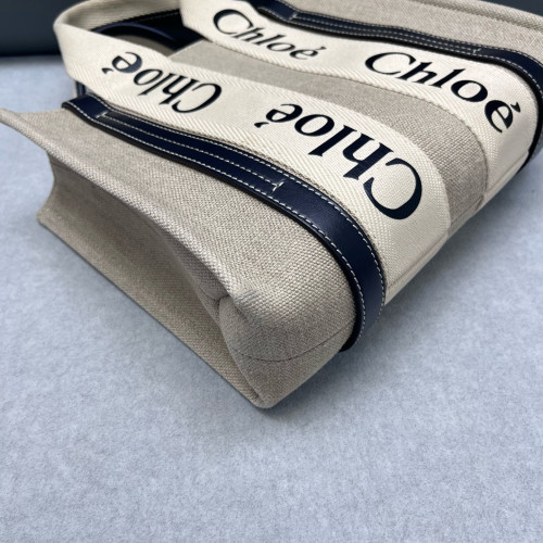 Chloe Small Woody Ribbon Tote Canvas Calfskin Beige Navy