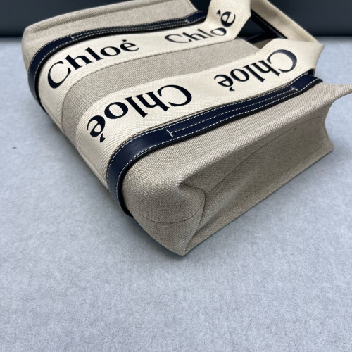 Chloe Small Woody Ribbon Tote Canvas Calfskin Beige Navy