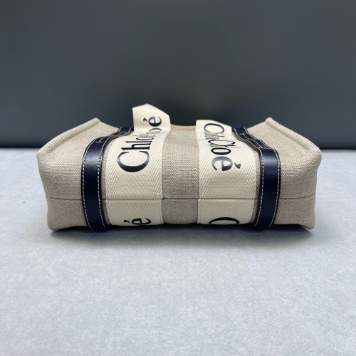 Chloe Small Woody Ribbon Tote Canvas Calfskin Beige Navy