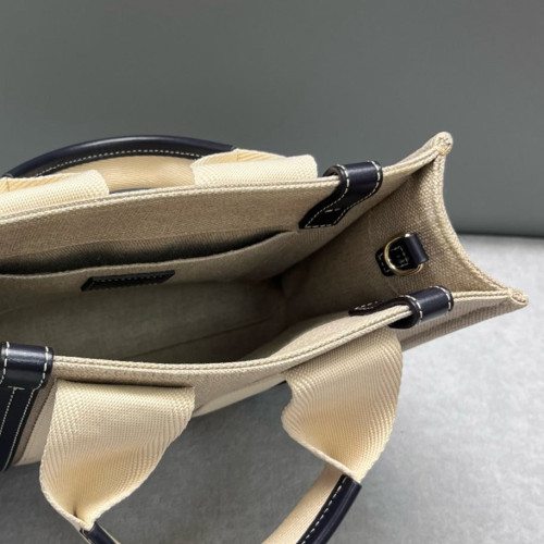 Chloe Small Woody Ribbon Tote Canvas Calfskin Beige Navy