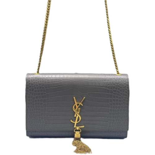 Yves Saint Laurent Medium Kate Crossbody Bag Calfskin Crocodile Embossed Grey