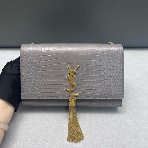 Yves Saint Laurent Medium Kate Crossbody Bag Calfskin Crocodile Embossed Grey
