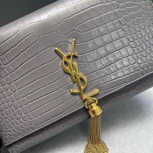 Yves Saint Laurent Medium Kate Crossbody Bag Calfskin Crocodile Embossed Grey