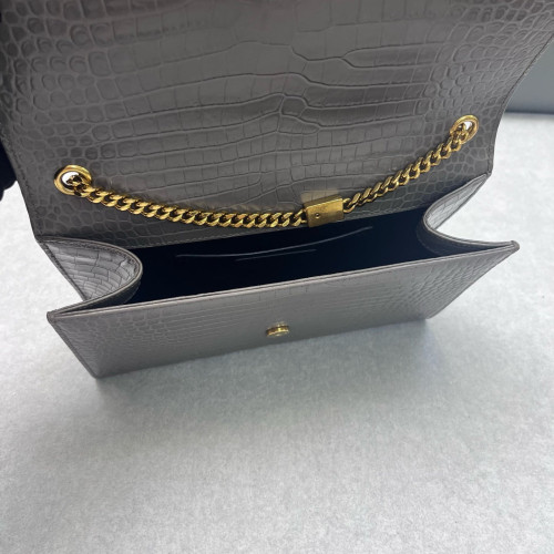 Yves Saint Laurent Medium Kate Crossbody Bag Calfskin Crocodile Embossed Grey