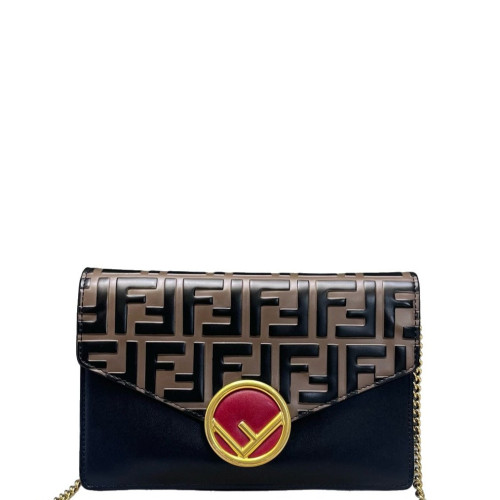 Fendi Wallet On Chain WOC Embossed FF Calfskin Black Brown Red